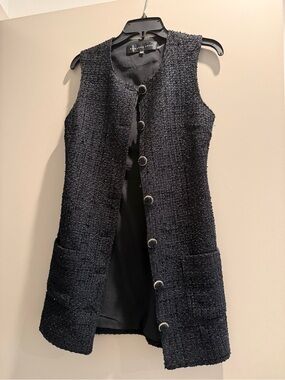 Textured Black Tweed Sleeveless Coat Dress